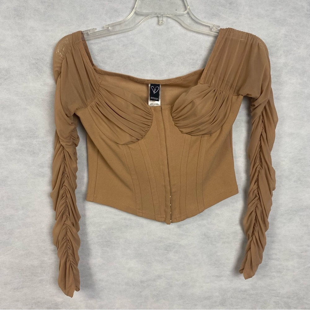 Windsor Ruched Corset Top Sheer Sleeves Long Sleeve Small Beige Sexy Fairycore